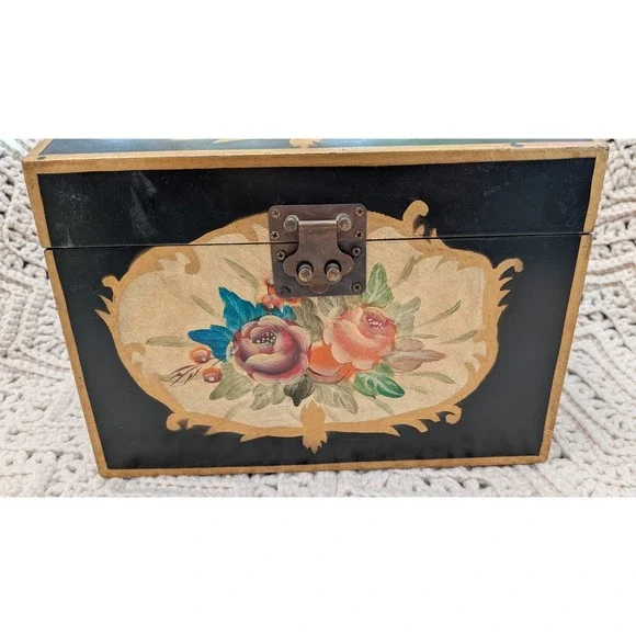 Vintage Hand Painted Floral Wooden Keepsake Chest Black Gold Jewelry Box 9.5in - Picture 3 of 11